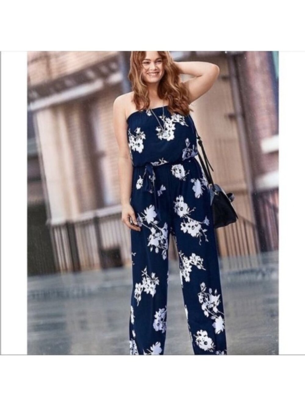 NWOT Lane Bryant PLUS 14/16 Navy Blue‎ White Strapless Floral Wide Leg Jumpsuit